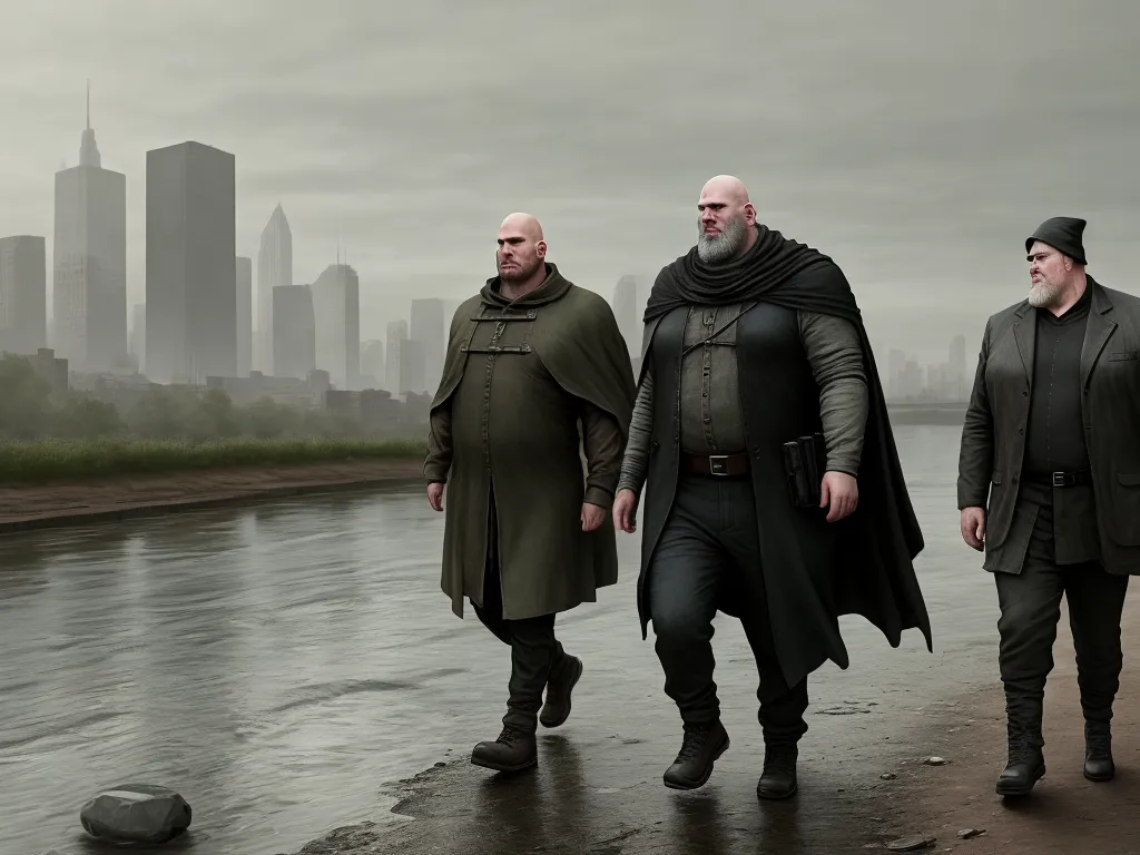 three men walking on a wet beach in front of a city skyline with a river in the foreground, by Hendrick Goudt