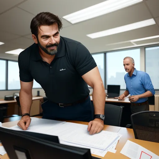 a man is looking at a laptop screen while another man looks on in the background in an office setting, by Hendrik van Steenwijk I