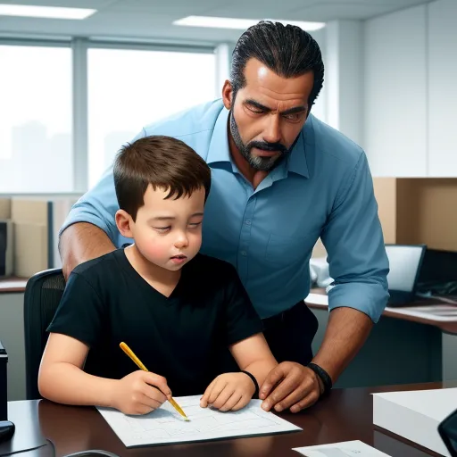 convert to high resolution - a man helping a boy do homework in an office setting with a computer monitor and a phone on the desk, by Hendrik van Steenwijk I