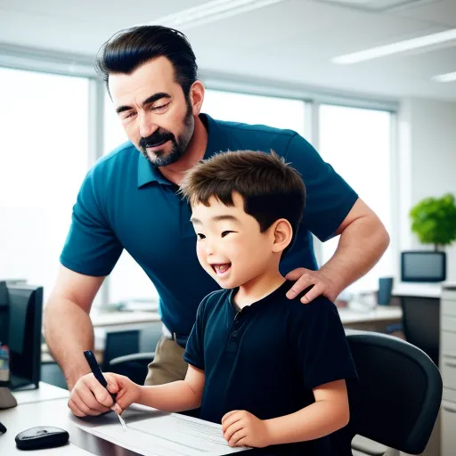 how to fix low resolution pictures on phone - a man helping a boy with his homework at a desk in an office setting with a computer and a phone, by Baiōken Eishun