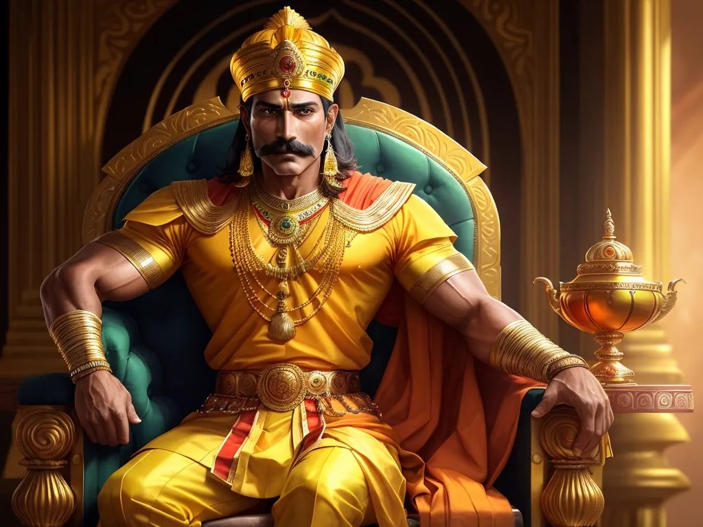 a man in a golden outfit sitting on a throne with a lamp in his hand and a golden cup in his hand, by Raja Ravi Varma