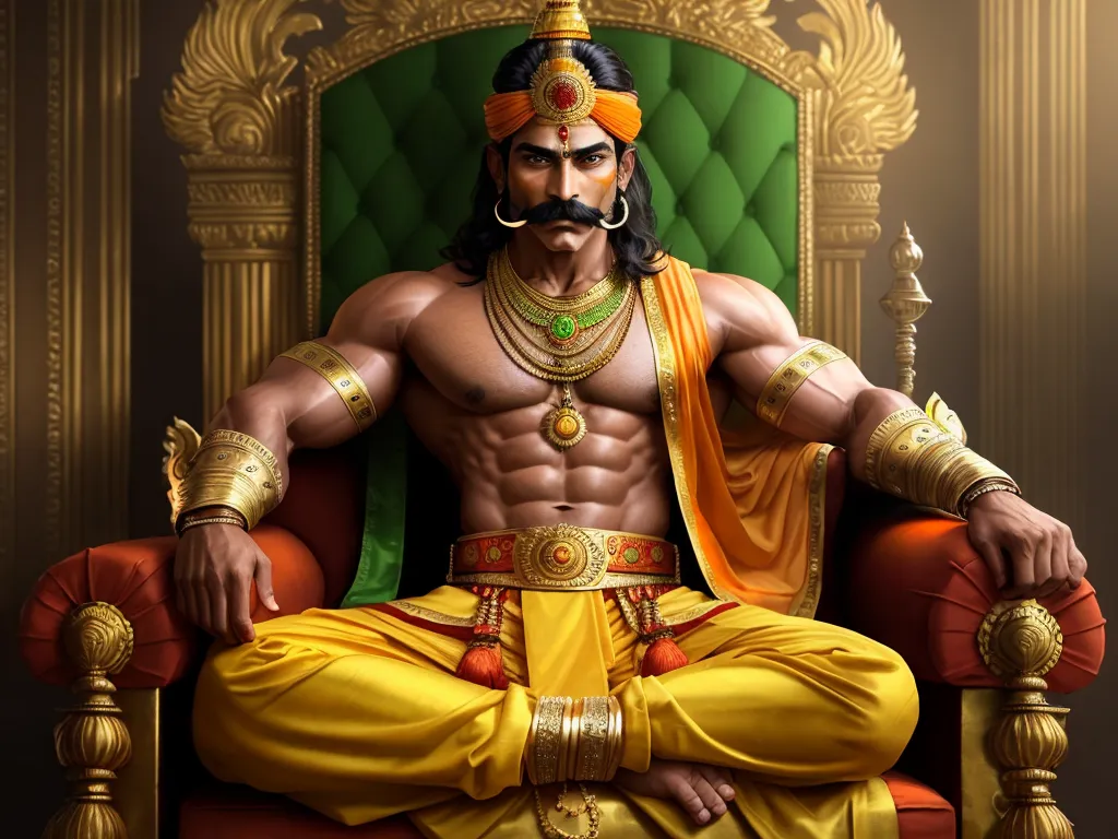 a man in a golden outfit sitting on a chair with a beard and mustache on his head and a gold necklace around his neck, by Raja Ravi Varma