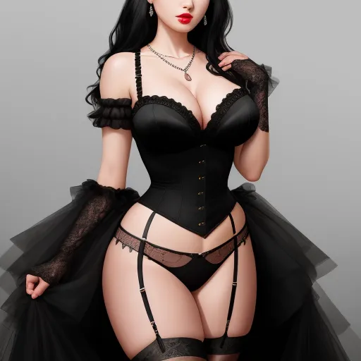 creating images with ai - a woman in a black lingerie with a black skirt and stockings on her chest and a red lipstick, by François Quesnel