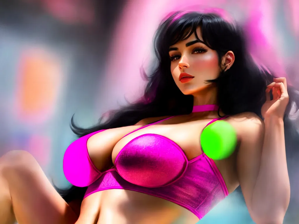 a woman in a pink bra top and green balls around her breasts and breasts are visible in the image, by Hanna-Barbera