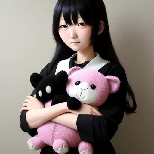 ultra high resolution images free - a woman holding a pink teddy bear in her arms and a black and white teddy bear in her arms, by Terada Katsuya