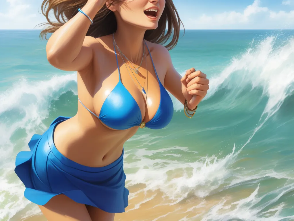 a woman in a bikini on the beach with a cell phone in her hand and a wave in the background, by Cyril Rolando