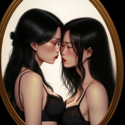 turn photo to 4k - a couple of women standing next to each other in front of a mirror with their faces close together and their faces touching, by Daniela Uhlig