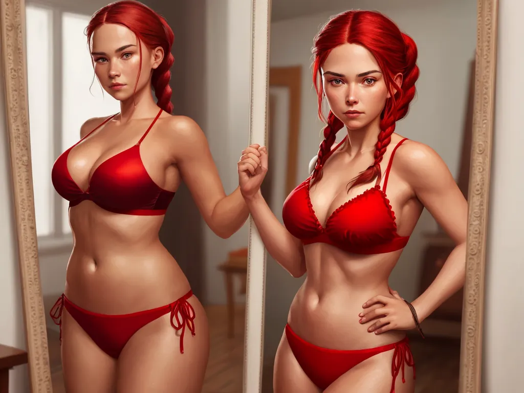 ai image generator from text free - a woman in a red bikini standing in front of a mirror with her hands on her hips and her reflection in the mirror, by Lois van Baarle