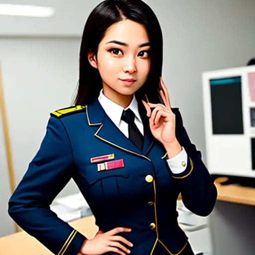 a woman in a uniform posing for a picture in front of a computer screen and a desk with a monitor, by Chen Daofu