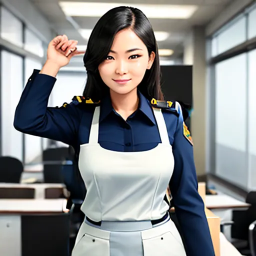 ai website that creates images - a woman in uniform standing in an office cubicle with a computer desk and chairs in the background and a computer desk with a monitor on the wall, by Terada Katsuya