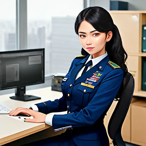 image quality lower - a woman in uniform sitting at a desk with a computer and monitor in front of her, with a city view in the background, by Terada Katsuya