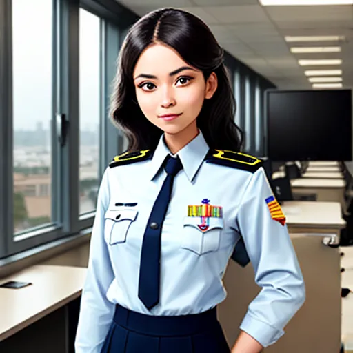 a woman in uniform standing in an office cubicle with a window behind her and a computer desk in the background, by Chen Daofu