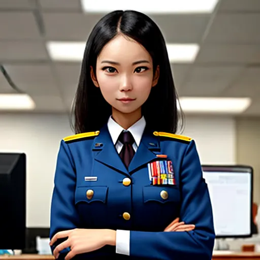 ultra high resolution images free - a woman in a uniform standing in an office cubicle with her arms crossed and her arms crossed behind her back, by Chen Daofu