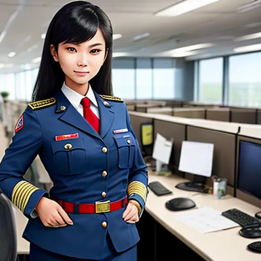 a woman in a uniform standing in an office cubicle with a computer on the desk and a monitor on the wall, by Chen Daofu