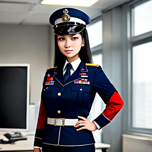 make yourself a priority wallpaper - a woman in a uniform standing in an office space with a computer on the desk and a monitor on the wall, by Terada Katsuya