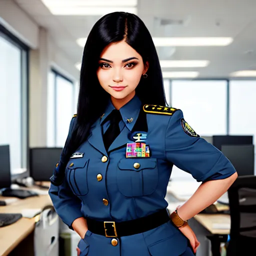 4k quality photo converter - a woman in a uniform standing in an office cubicle with her hands on her hips and her hands on her hips, by Chen Daofu