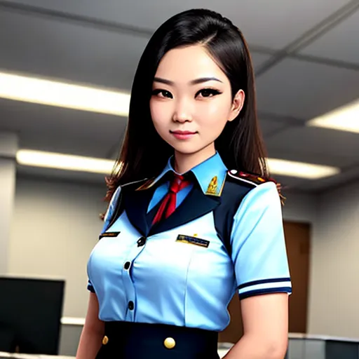 a woman in a uniform standing in an office cubicle with a computer desk in the background and a monitor on the wall, by Chen Daofu