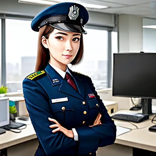 a woman in uniform standing in front of a computer desk with a monitor and keyboard on it, in an office setting, by Chen Daofu