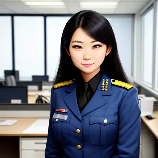 convert photo to 4k online - a woman in a uniform standing in an office cubicle with a computer desk and a monitor on the wall, by Chen Daofu
