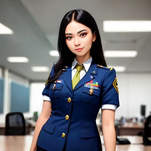 increase resolution of picture - a woman in a uniform standing in an office setting with a suitcase in her hand and a suitcase in her other hand, by Chen Daofu
