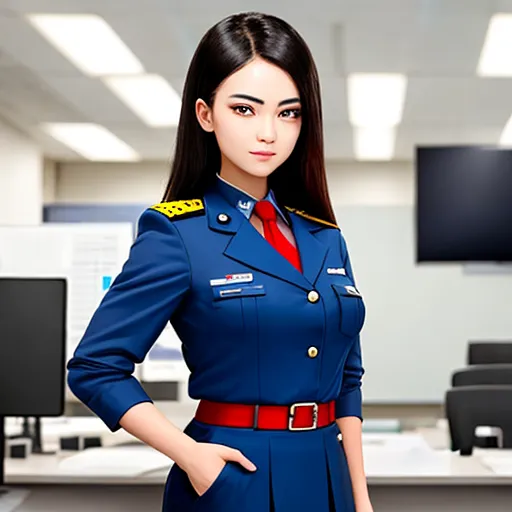 ai generator image - a woman in a uniform standing in an office cubicle with a computer desk in the background and a monitor on the wall, by Chen Daofu