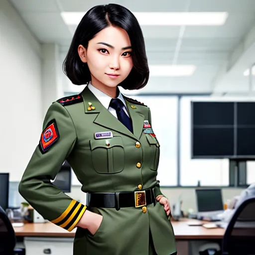 4k photo resolution converter - a woman in a uniform standing in an office cubicle with a computer desk in the background and a monitor on the wall, by Chen Daofu