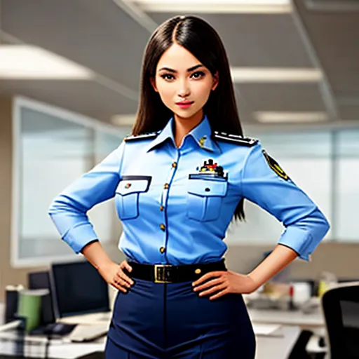 a woman in uniform standing in an office cubicle with her hands on her hips and her hands on her hips, by Chen Daofu
