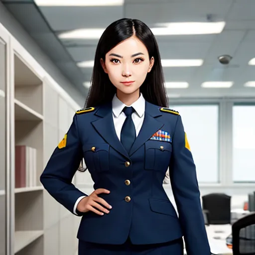 a woman in a uniform standing in an office cubicle with a bookcase behind her and a bookcase behind her, by Chen Daofu