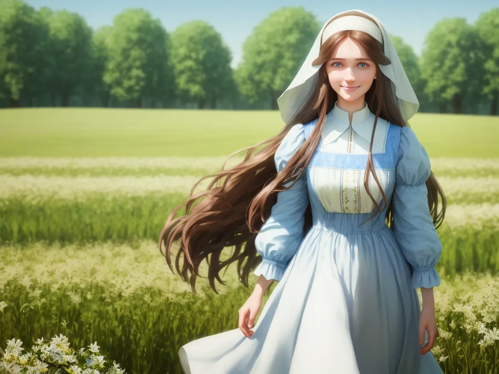 animated image ai - a girl in a dress and bonnet walking through a field of flowers with long hair in the wind,, by Fernando Amorsolo