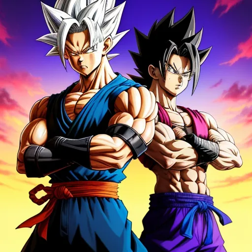 image to 4k - two characters of the same character are standing together in front of a sunset background with clouds and a sky, by Akira Toriyama