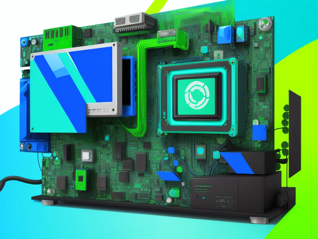 image to pixel converter - a computer motherboard with a monitor and a mouse on it's side and a green and blue background, by Adam Martinakis