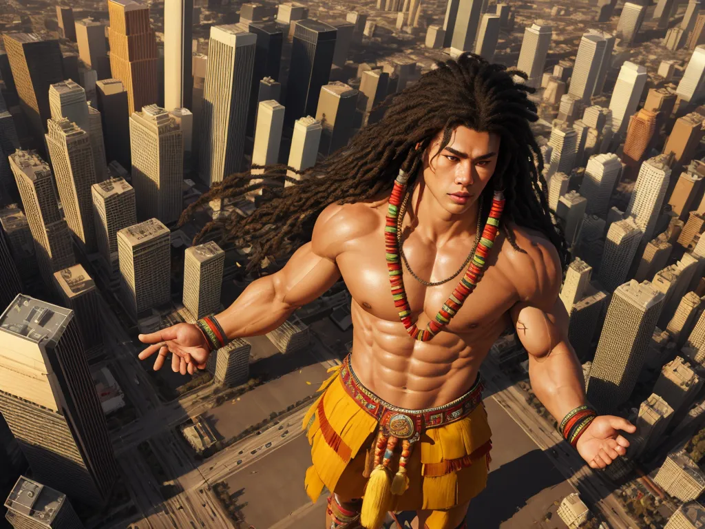 how to make image higher resolution - a man with dreadlocks and a necklace on top of a building in a city with tall buildings, by Terada Katsuya