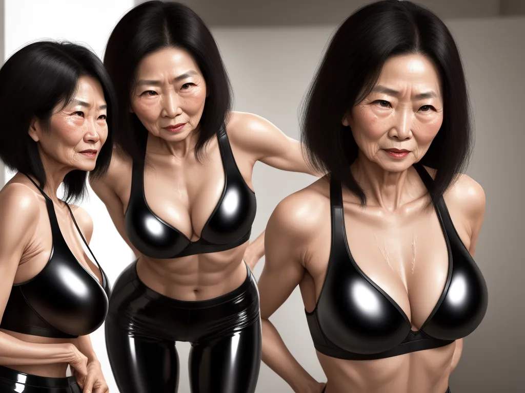 turn a picture into high resolution - three women in black leather outfits posing for a picture together, with one of them showing off her breast, by Terada Katsuya