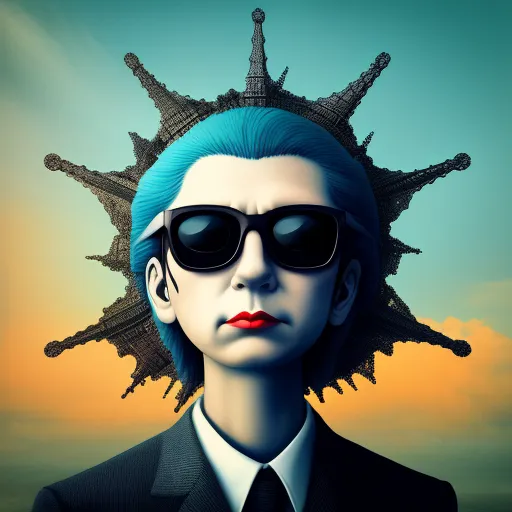a woman with blue hair and sunglasses wearing a suit and tie with a sunburst on her head, by Naoto Hattori