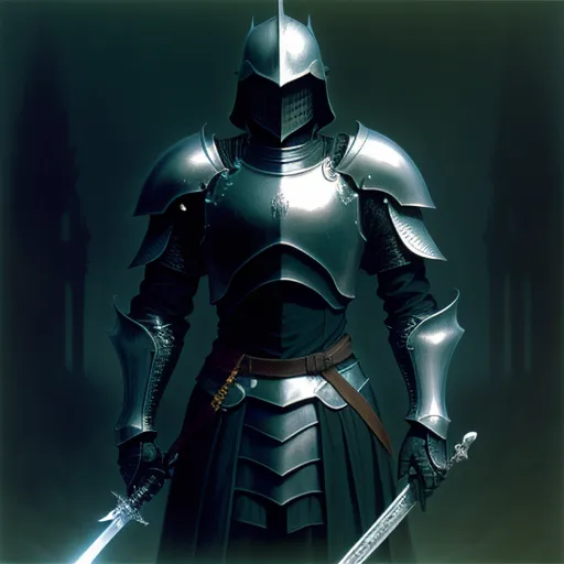 4k resolution picture converter - a man in a knight costume holding a sword and a sword in his hand, in a dark room, by Baiōken Eishun