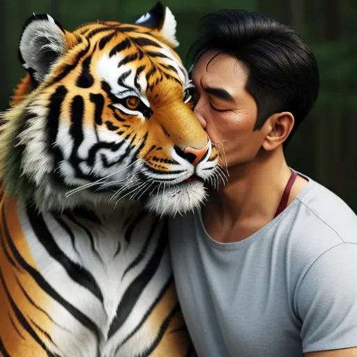 ai generate image - a man kissing a tiger statue with a forest background behind him and a forest background behind him, and a tiger in the foreground, by Chen Daofu