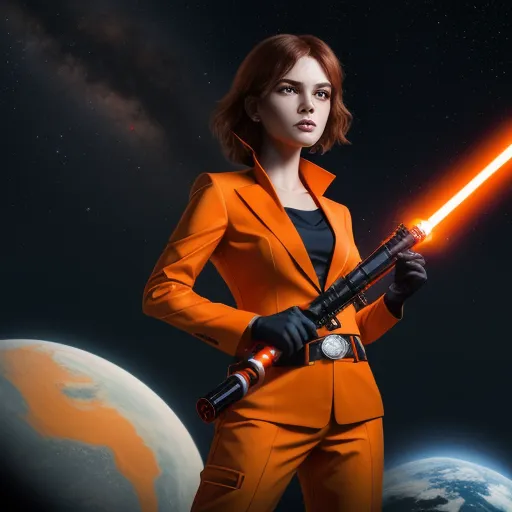 a woman in an orange suit holding a light saber in front of a planet with a star wars theme, by Daniela Uhlig
