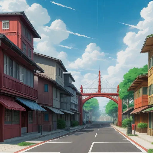 image quality lower - a street with a bridge over it and buildings on both sides of it and a red bridge over the street, by Makoto Shinkai