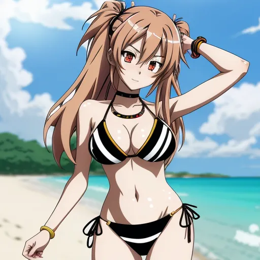 a woman in a bikini standing on a beach next to the ocean with her hands on her head and her hair in the wind, by Toei Animations