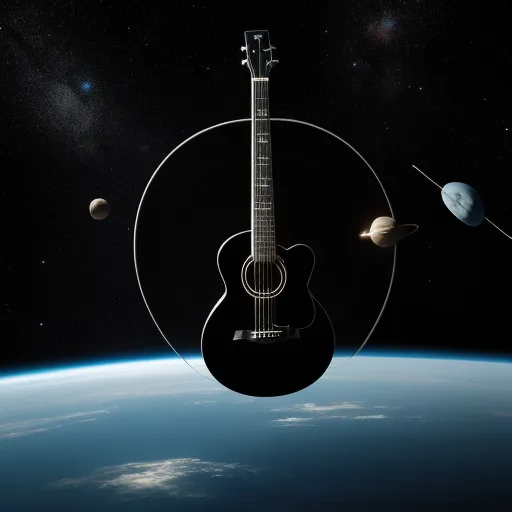 a guitar is floating in the air near the earth's moon and planets, with the sun in the background, by Benoit B. Mandelbrot