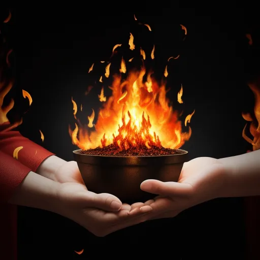 a person holding a bowl of fire in their hands with flames coming out of it and a black background, by Adam Martinakis