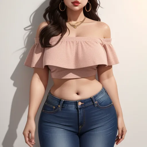 4k ultra hd photo converter - a woman in jeans and a crop top posing for a picture with her hands on her hips and her shirt off, by Terada Katsuya