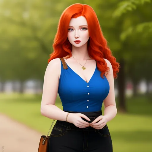 ai image generator text - a red haired woman with long hair and a purse is standing in a park with a tree in the background, by Sailor Moon