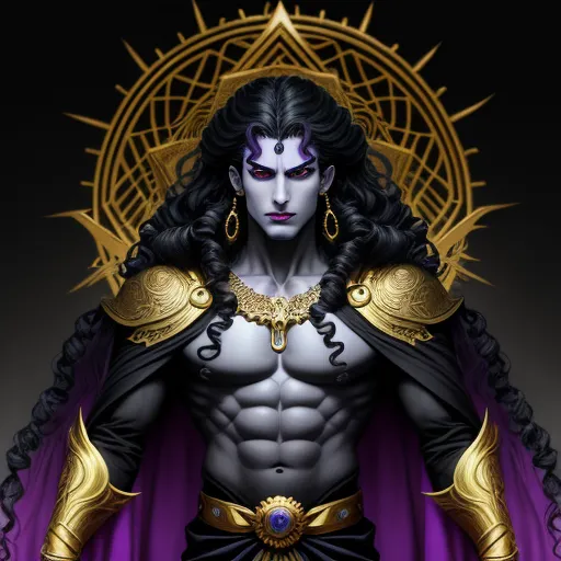 a man with a purple cape and gold accents on his body and chest, standing in front of a black background, by Hirohiko Araki