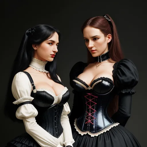 two women dressed in black and white outfits posing for a picture together, both wearing black and white corsets, by Terada Katsuya