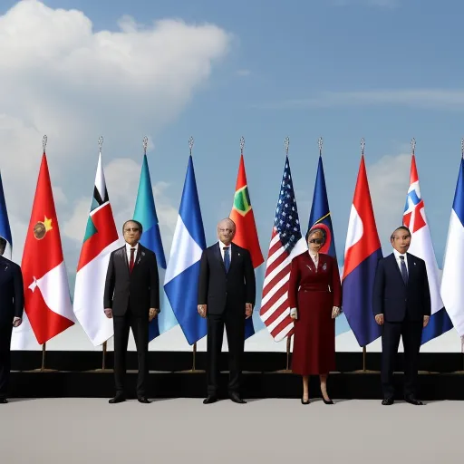 a group of people standing in front of a row of flags with a sky background behind them and a few of them wearing suits, by Hendrik van Steenwijk I