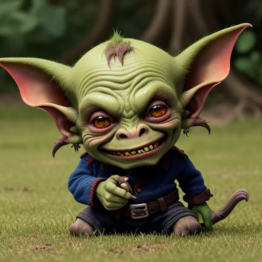 free ai text to image generator - a green troll with big ears and big eyes sitting in the grass with a mouse in his hand and a tree in the background, by Anton Semenov