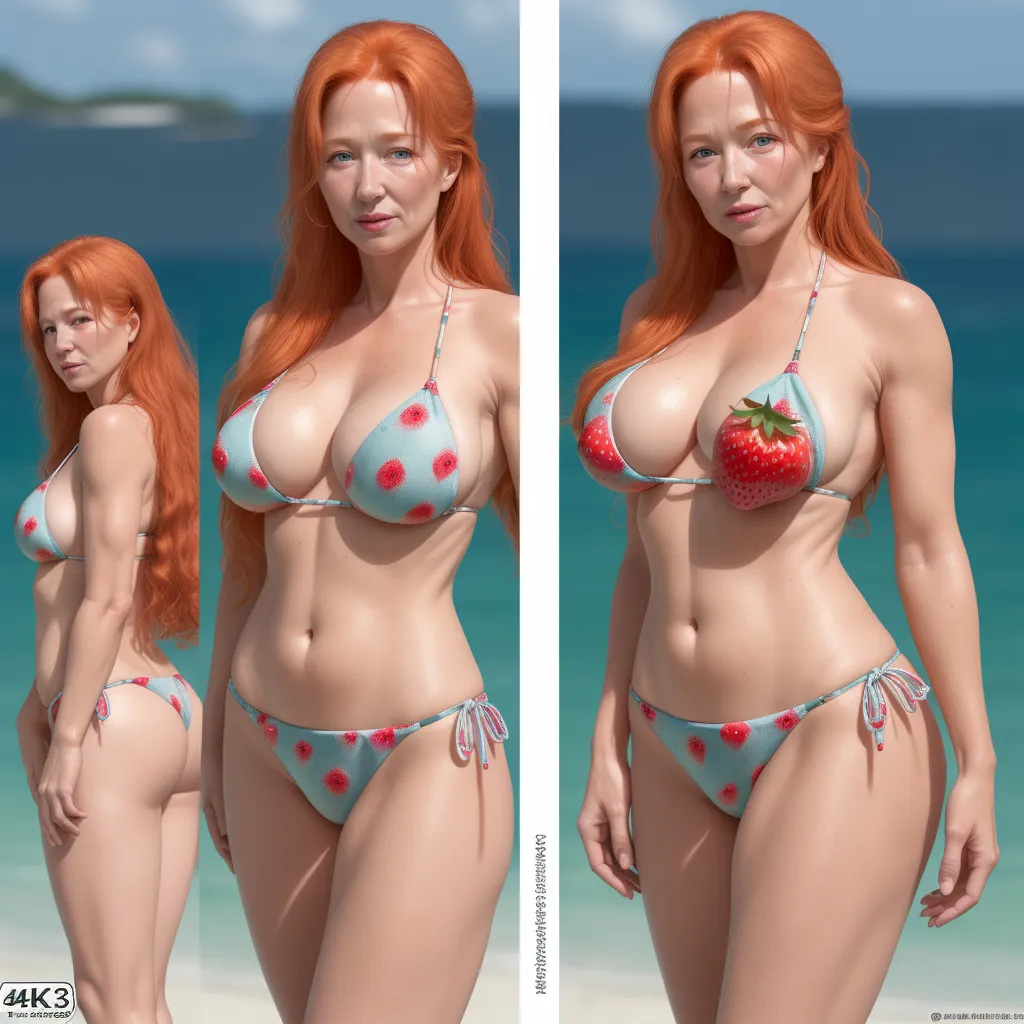 a woman in a bikini with a strawberry on her chest and a strawberry on her chest, standing on a beach, by Terada Katsuya