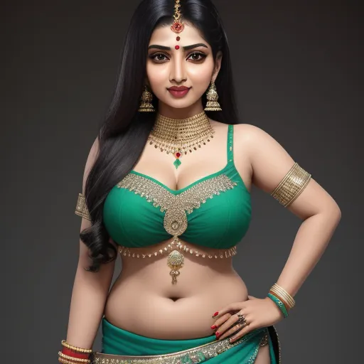 low quality image - a woman in a green bra and gold jewelry poses for a picture in a green bra and gold jewelry, by Raja Ravi Varma