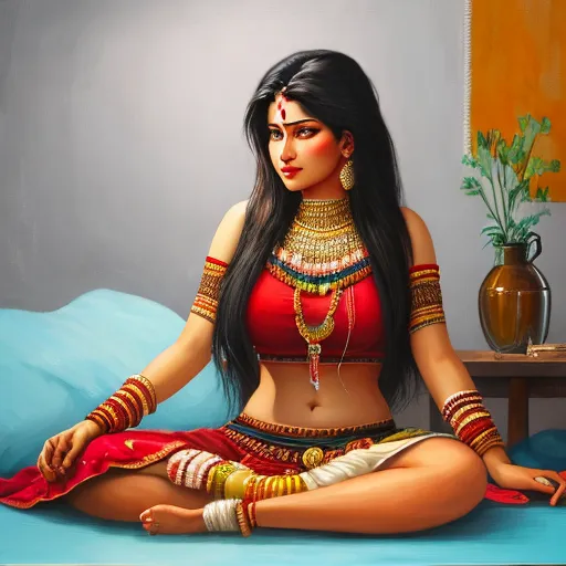 a painting of a woman in a red outfit sitting on a bed with a vase of flowers in the background, by Raja Ravi Varma